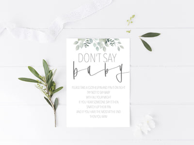 Don&#39;t Say Baby | Clothespin Baby Shower Game Sign | Modern Baby Shower | Calligraphy | Instant Download | Greenery Baby Shower | Printable