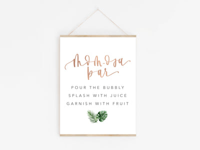 TROPICAL Gold MOM-osa BABY Shower sign | Drink Sign | Modern Shower | Greenery | Printable| Calligraphy | Baby Shower | Maternity |Mom to Be